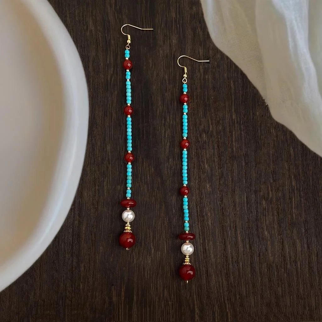 Long Tassel Drop Earrings With Synthetic Turquoise And Red Agate Geometric Chinese Chic Style