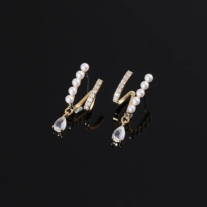 Elegant Double Pearl Spiral Disc Teardrop Crystal Alloy Stud & Clip On No Piercing Earrings