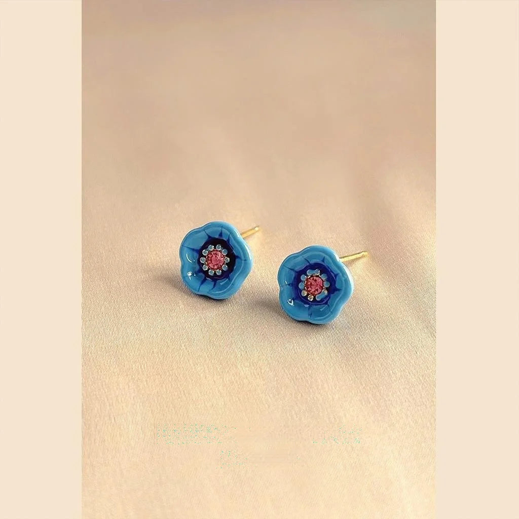14K Gold Plated Blue Enamel Flower Stud Earrings Forest Style Metal Jewelry