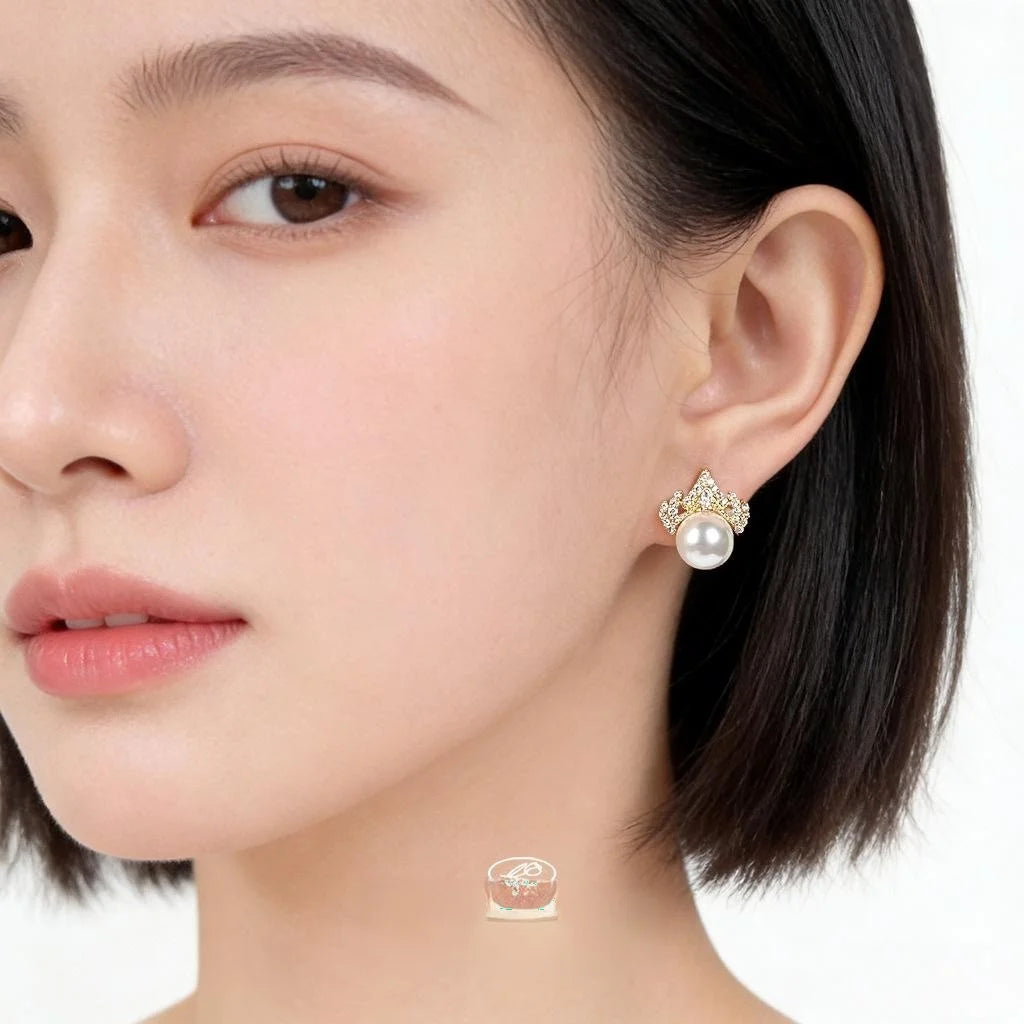 Copper Queen Crown Stud Earrings With High Gloss Pearl Zircon, Elegant Luxury
