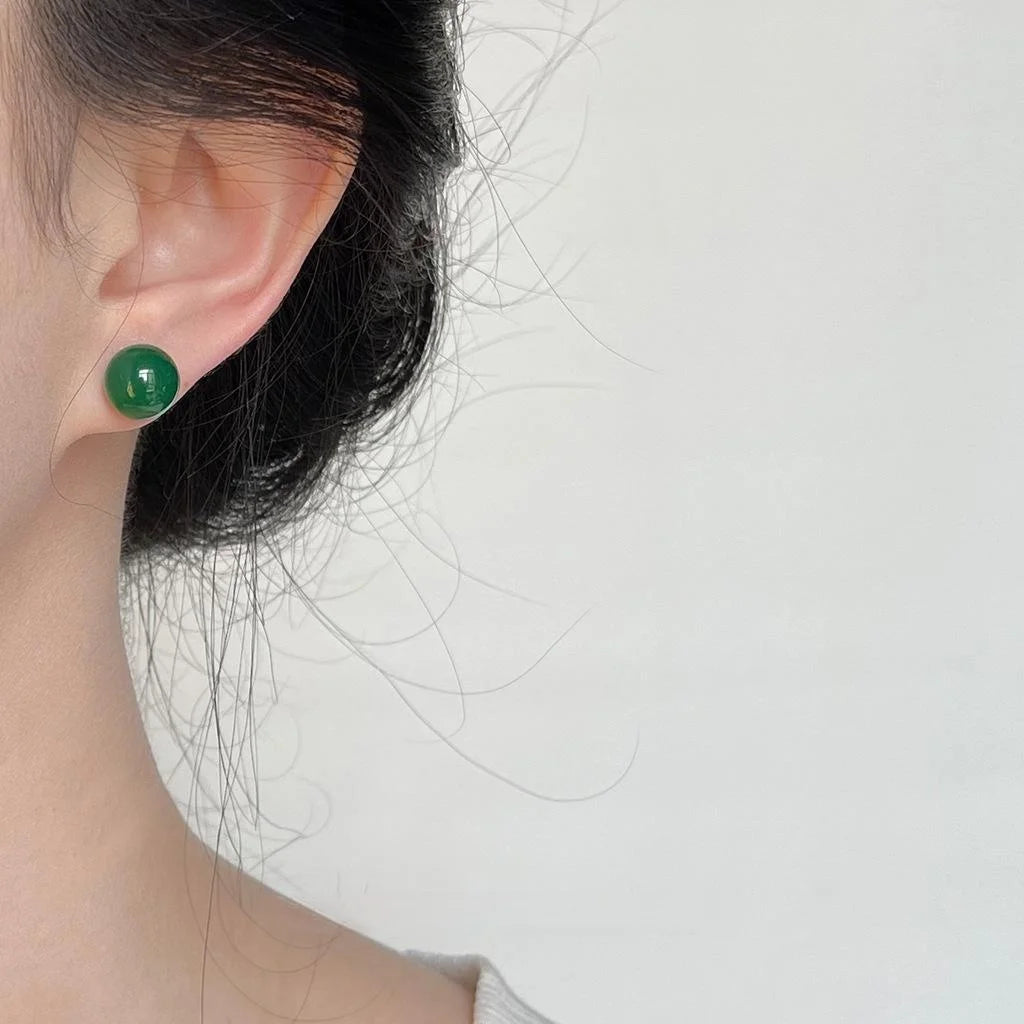 Natural Green Agate Round Ball Stud Earrings New Chinese Vintage Palace Style Jewelry