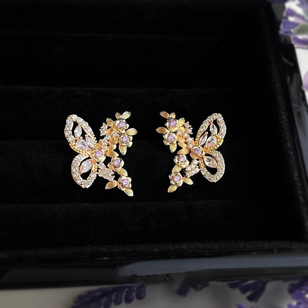 14K Gold Plated Copper Micro Pave Zircon Butterfly Flower Stud Earrings Sweet Chic