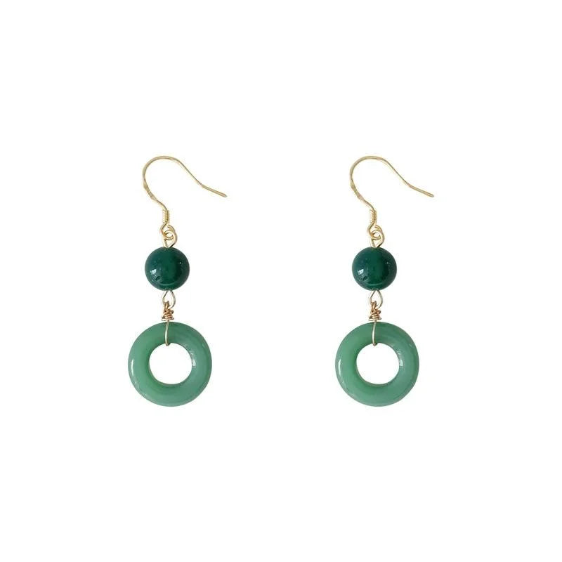Chinese Retro Green Agate Copper Drop Earrings With Geometric Ring Design