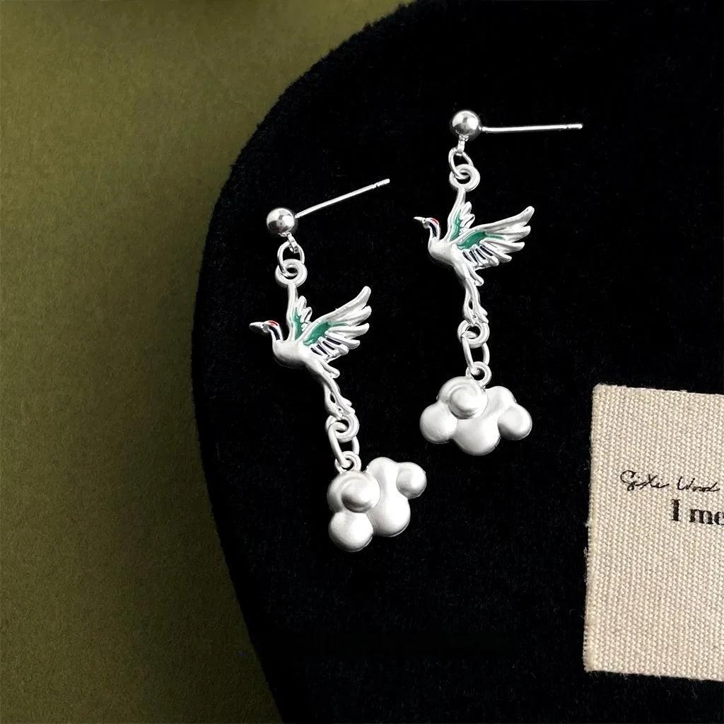 New Chinese Style Copper Crane Cloud Long Tassel Drop Earrings