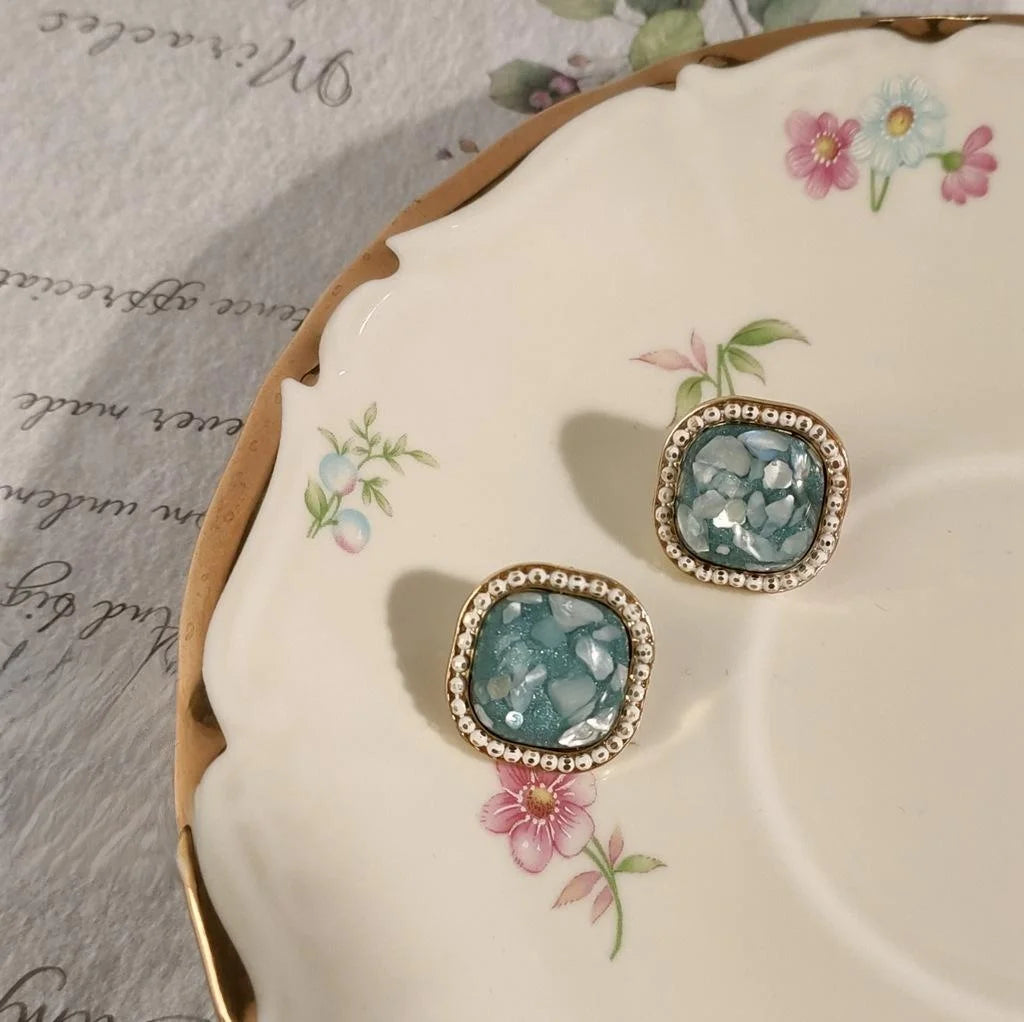 Vintage Green Geometric Square Crushed Shell Copper 14K Gold Plated Stud Earrings For Women