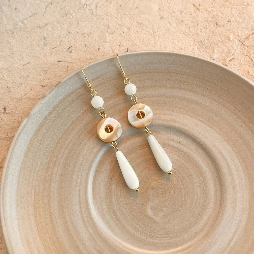 New Chinese Style Real Shell Geometric Line Handmade Long Drop Earrings With Silver Plated Pins