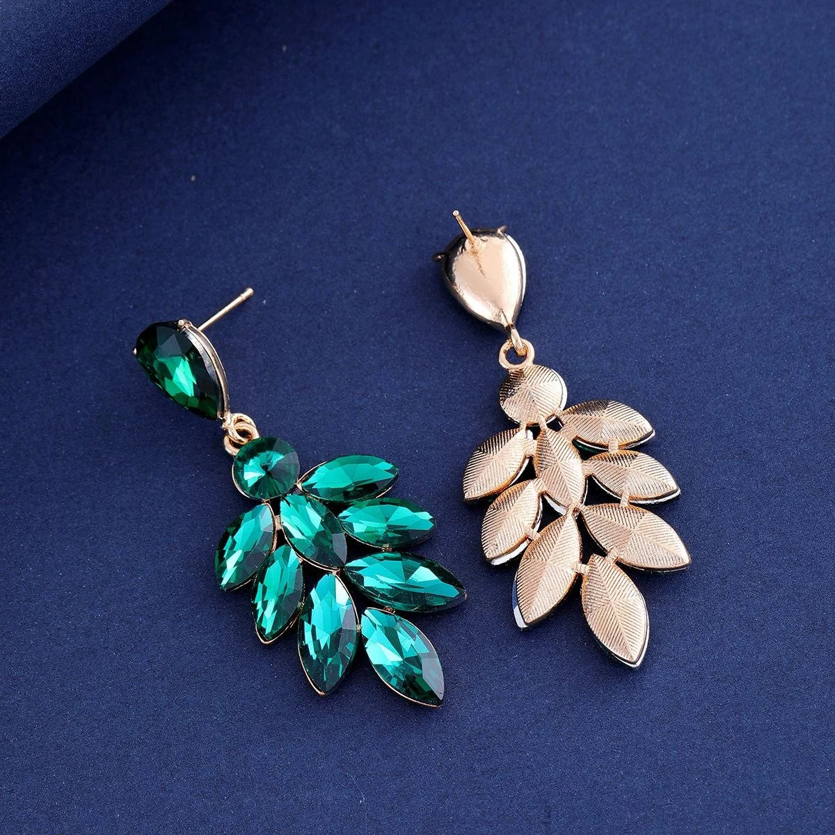 Luxury Green Crystal Leaf Tassel Drop Earrings, Gold Tone Alloy Rhinestone Bridal Jewelry For Wedding Party