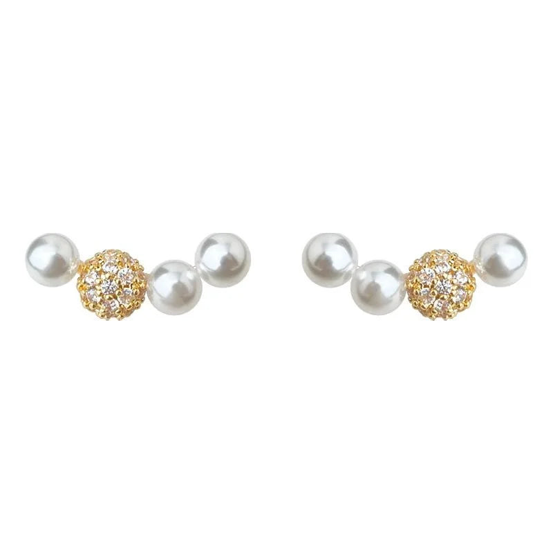 14K Plated Copper Pearl Zircon Smile Arc Stud Earrings Simple Geometric Fashion Jewelry