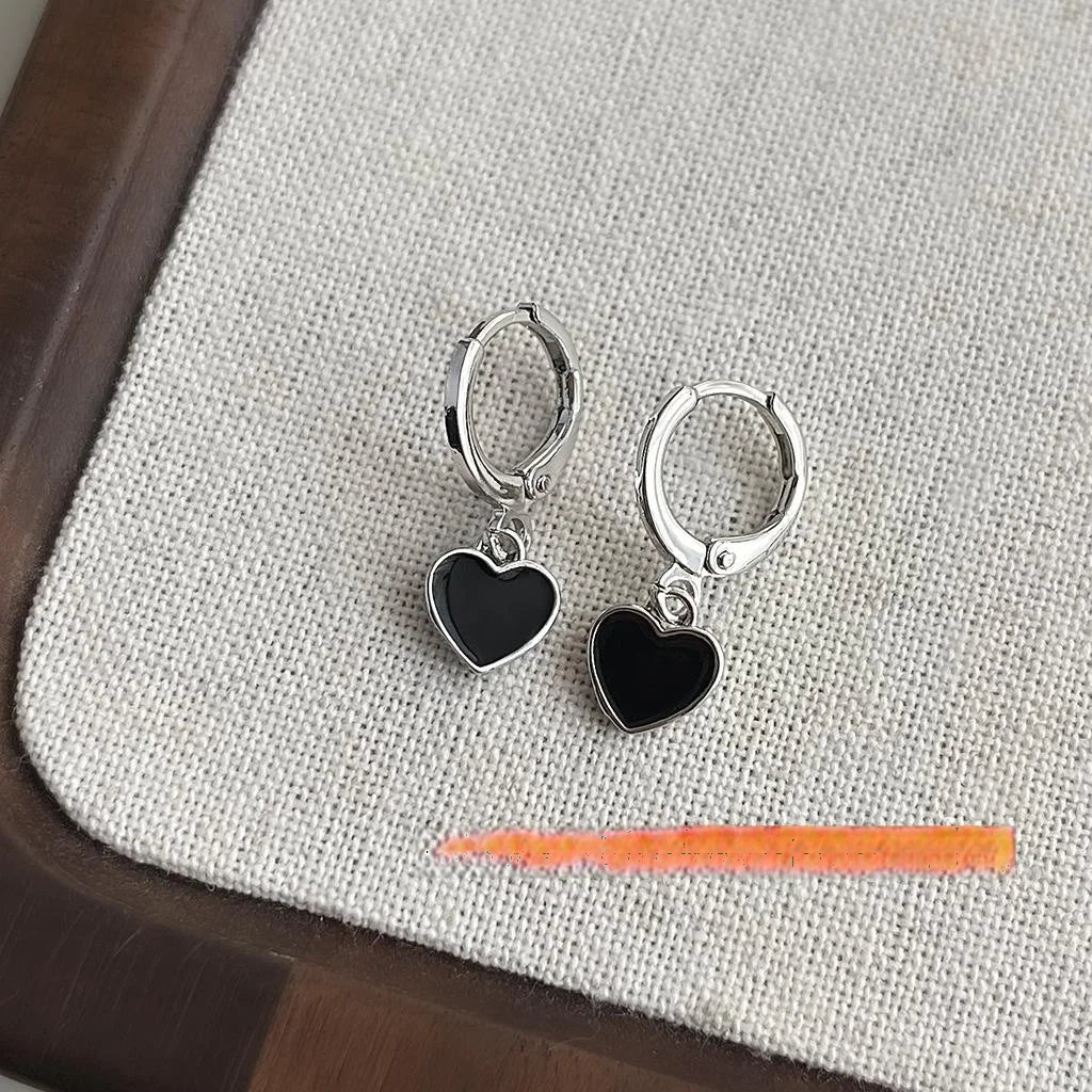 Sweet Cool Black Enamel Heart Copper Drop Earrings Minimalist Versatile Daily Jewelry