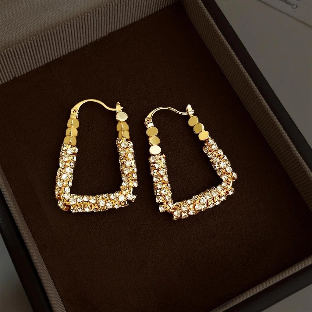 14K Gold Plated Copper Full Rhinestone Geometric Line Ring Drop Earrings For Light Luxury Commuter Style