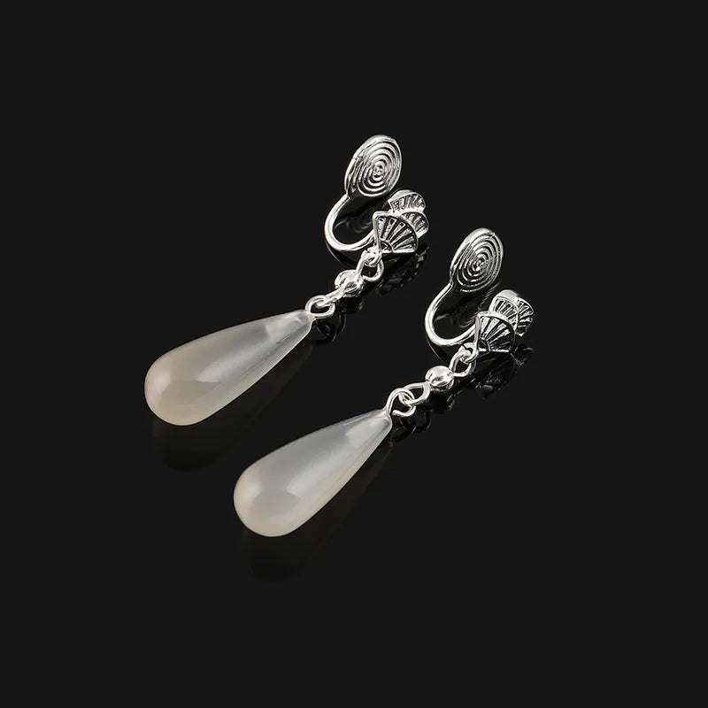 Vintage Chinese Fan Spiral Natural Agate Teardrop Dangle Stud & Clip On No Piercing Earrings
