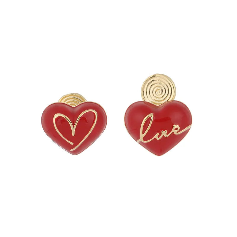 Red Enamel Love Heart Asymmetric Alloy Stud & Clip On No Piercing New Year Fashion Earrings