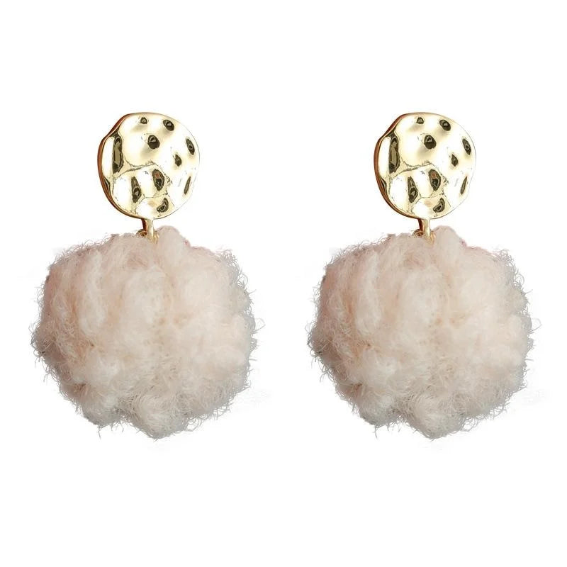Cute Fluffy Pom Pom Drop Earrings Copper Handmade Round Geometric Winter Jewelry For Women