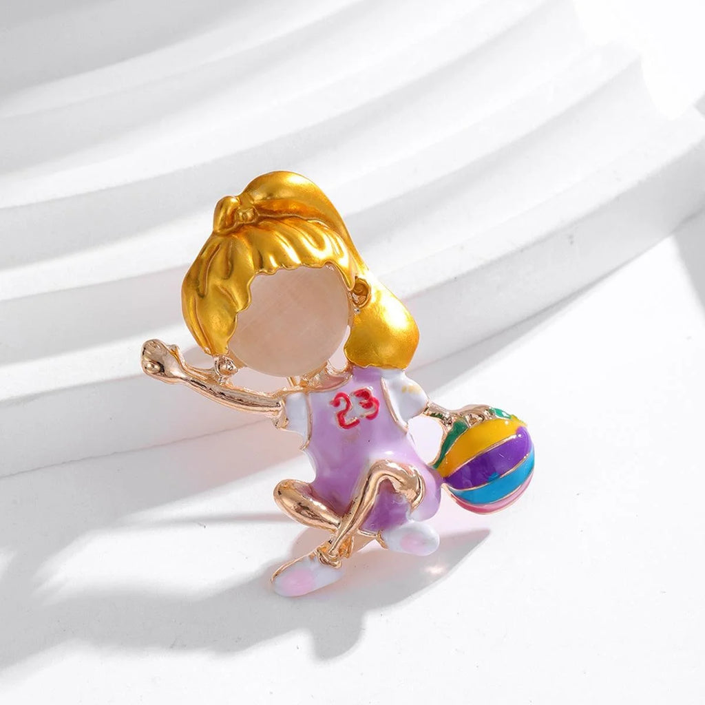 Cute Enamel Alloy Female Basketball Player Brooch With Colorful Ball, Creative Lapel Pin Gift