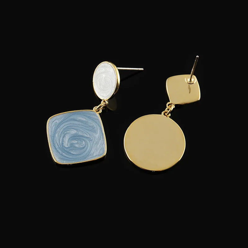 Elegant Asymmetric Blue White Enamel Alloy Geometric Disc Stud & Clip On No Piercing Drop Earrings