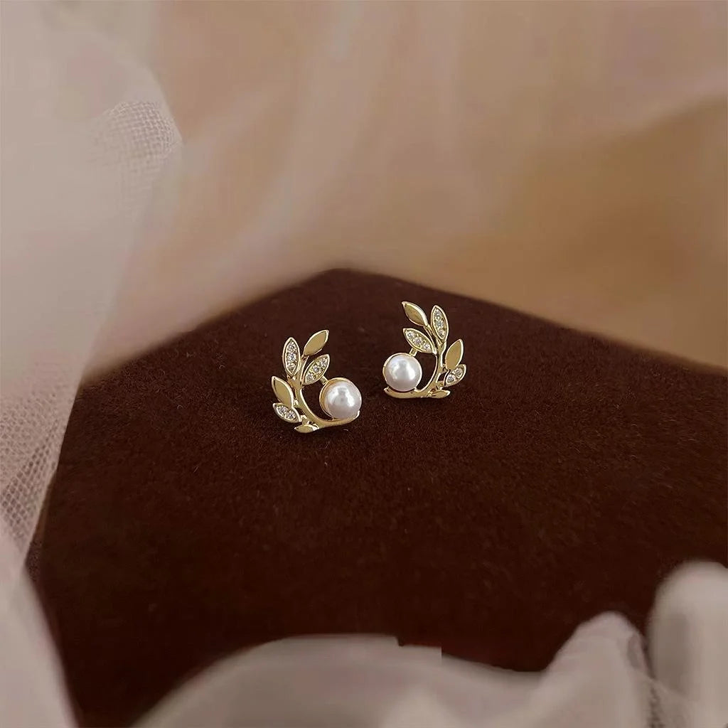 14K Gold Plated Copper Zircon Pearl Wheat Leaf Stud Earrings Simple Geometric Jewelry