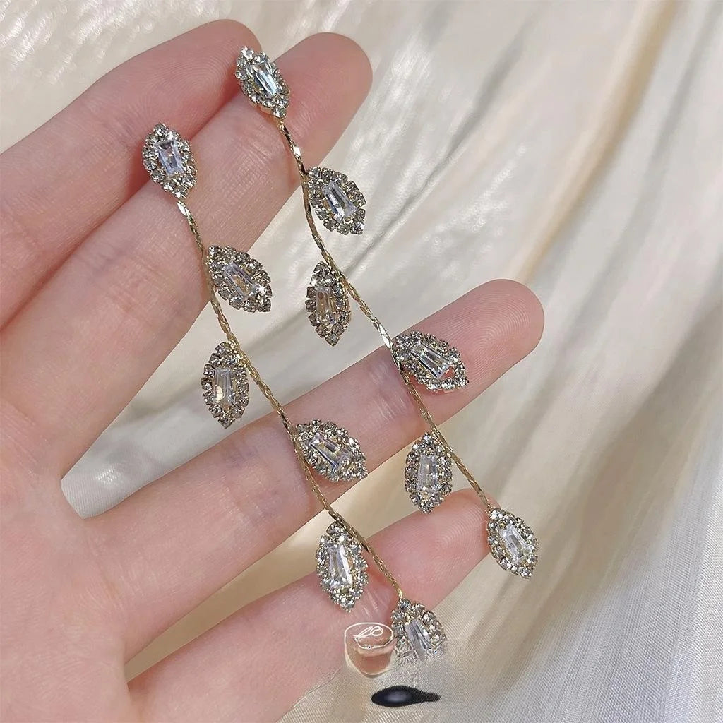 14K Gold Plated Zircon Leaf Tassel Drop Earrings Light Luxury Jewelry