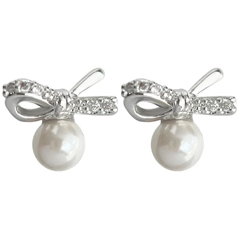 Minimalist Micro Pave Zircon Bow Stud Earrings, Copper Glass Pearl Daily Jewelry