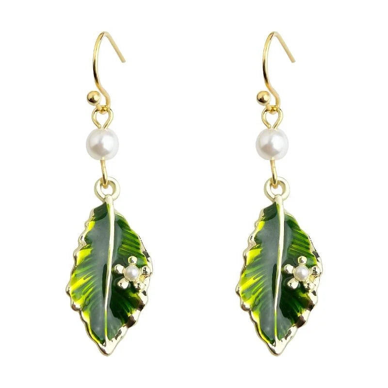 Fresh Sweet Enamel Glazed Leaf Drop Earrings Handmade Copper Posts Forest Style