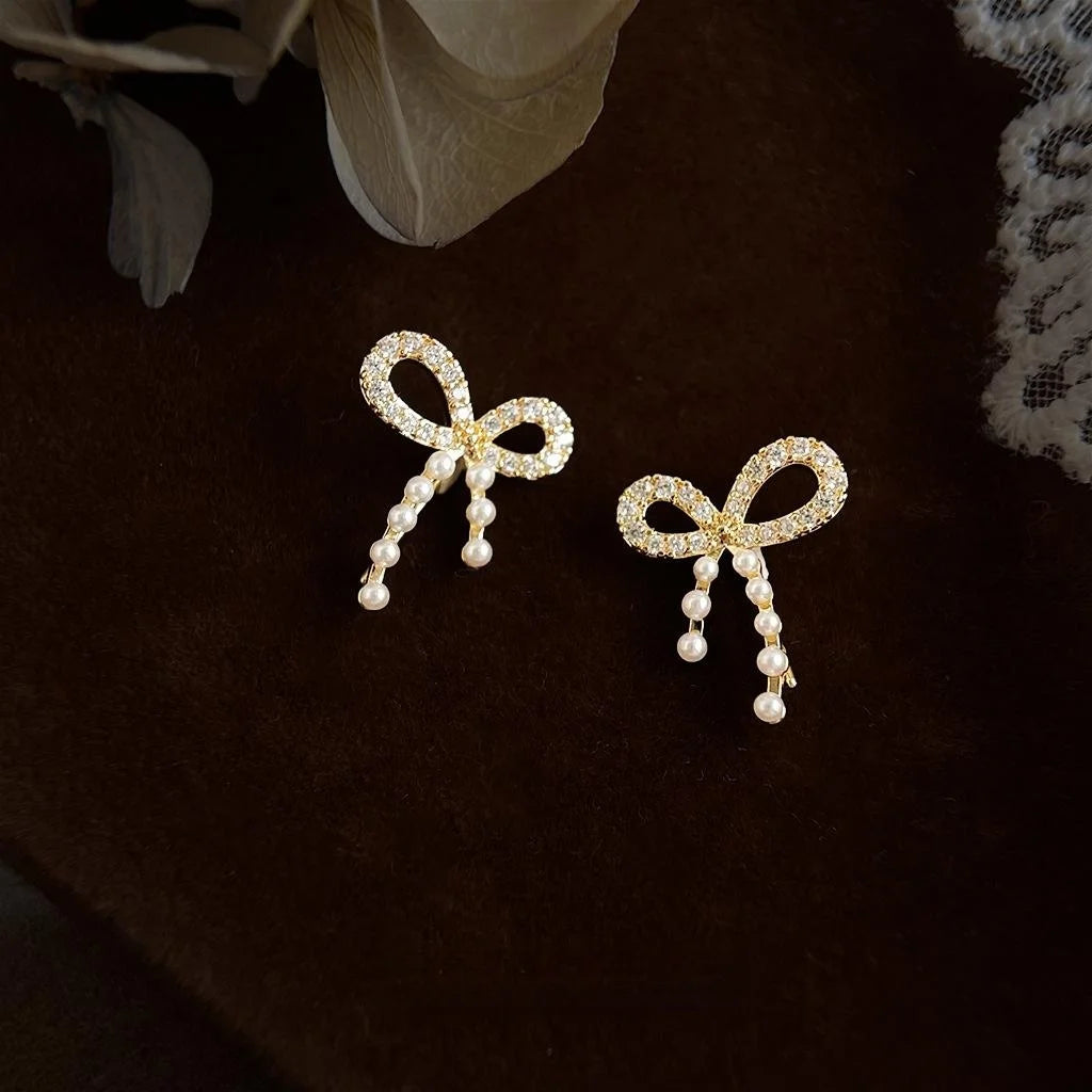 Cute Bow Pearl Stud Earrings With Micro Pave Zircon 14K Plated Eco Copper