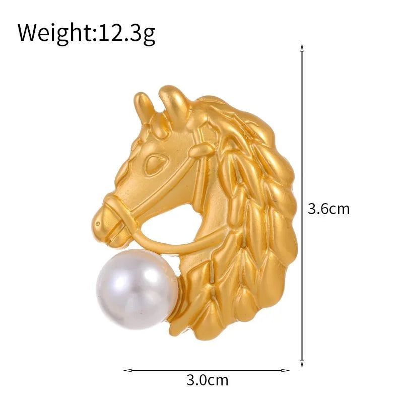 Elegant Matte Gold Alloy Horse Head Pearl Brooch, Animal Lapel Pin Corsage For Men's Suit Accessory Gift
