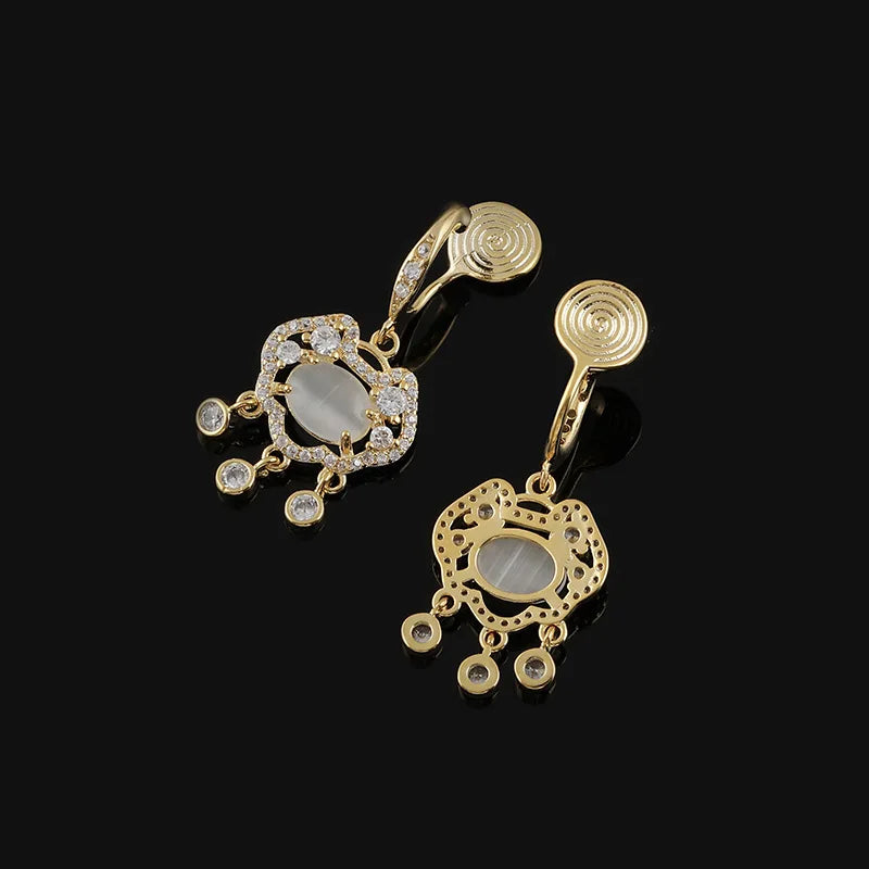 Elegant Chinese Ruyi Peace Lock Spiral Disc Alloy Zircon Dangle Stud & Clip On No Piercing Earrings