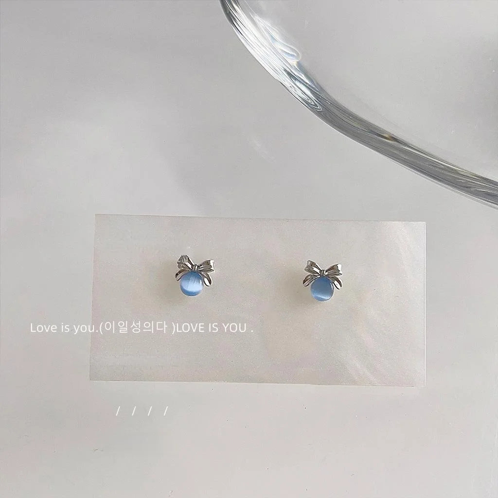 Cute Mini Blue Glass Cat Eye Bow Stud Earrings Silver Plated Copper Sweet Simple Jewelry