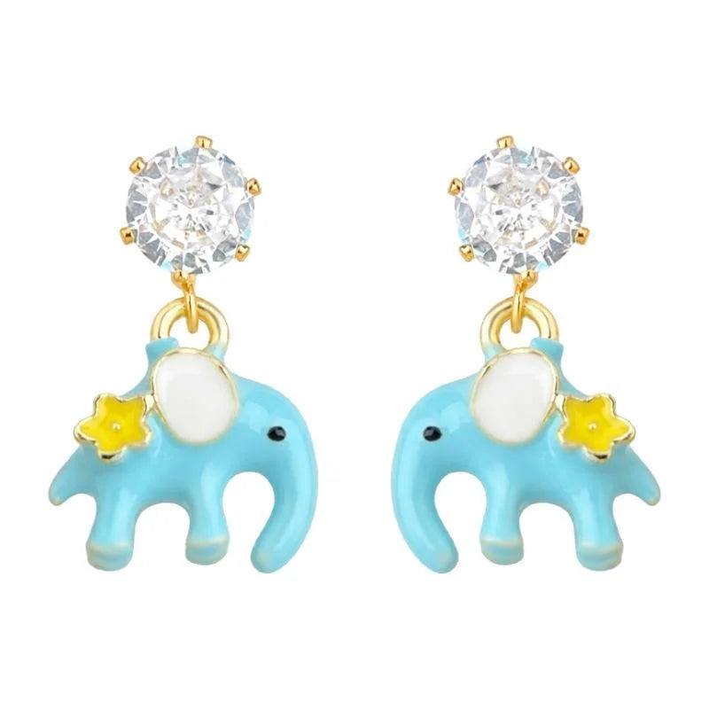 Cute Enamel Glazed Elephant Drop Earrings Copper Zircon Handmade Whimsical Jewelry