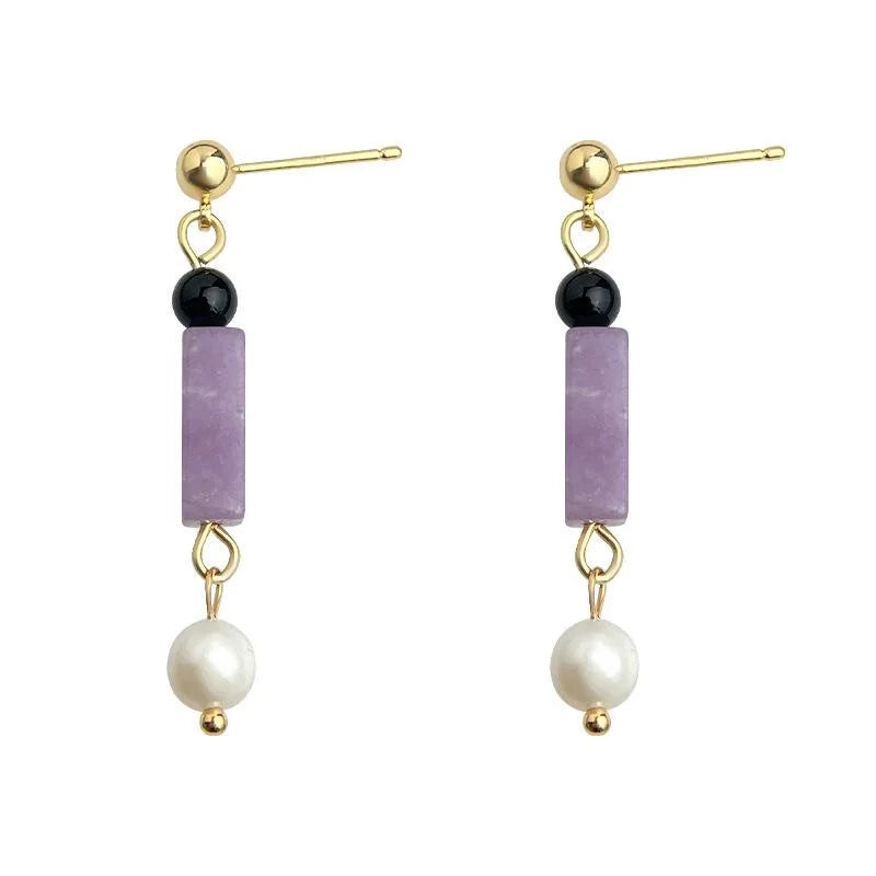 Handmade Natural Freshwater Pearl Amethyst Stone Geometric Teardrop Drop Earrings Style