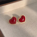 Elegant Vintage Gold-Tone Red Heart Copper Stud Earrings 3D Heart Shape Commuter Jewelry