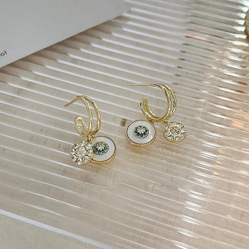 14K Plated Copper Shell Micro Pave Zircon Stud Earrings French Court Geometric Style