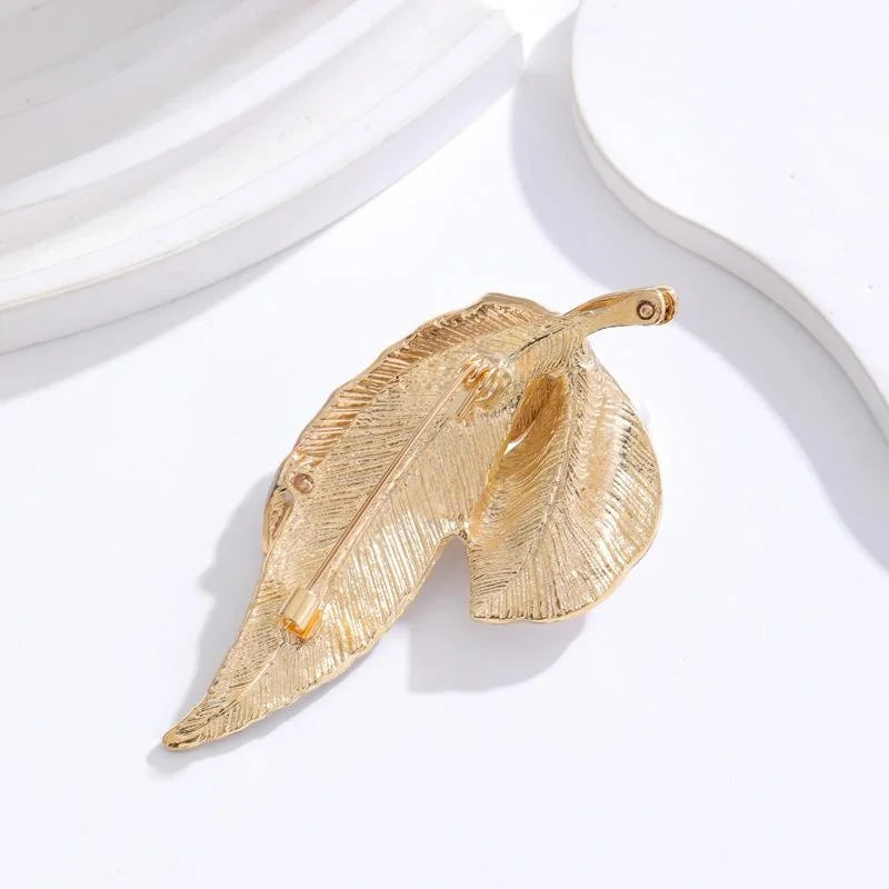 Elegant Enamel Green Leaf And Pearl Brooch, Botanical Corsage Lapel Pin For Dresses And Suit Accessory