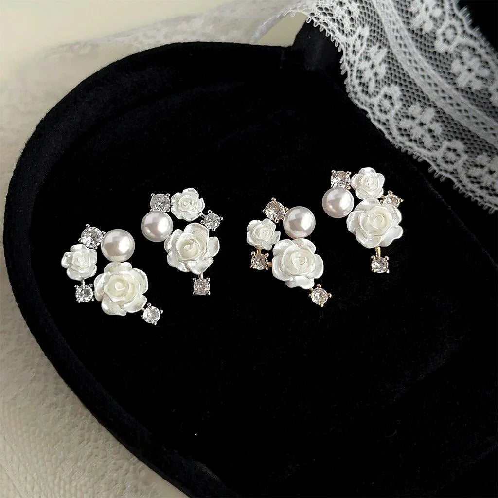 Original Design Resin Pearl Rose Flower Drop Earrings With Micro Pave Zircon