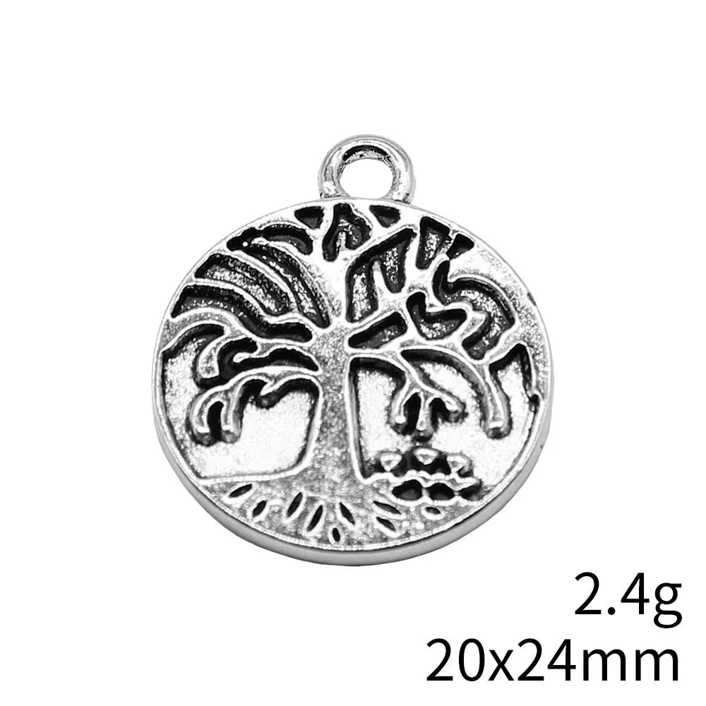 20x24mm 2.4g Antique Silver Zinc Alloy Round Tree Double Sided Charm Pendant for DIY Necklace Bracelet Making