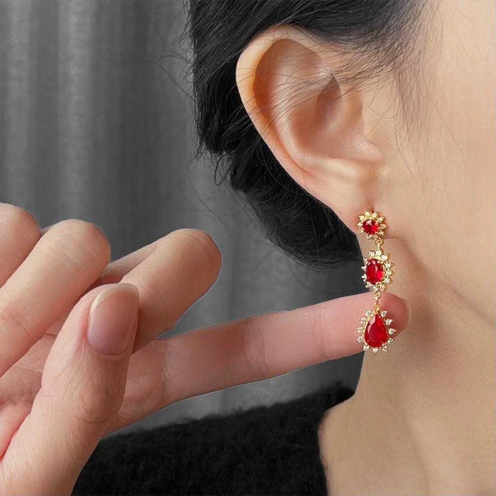 French Vintage Copper Zircon Red Teardrop Long Tassel Drop Earrings