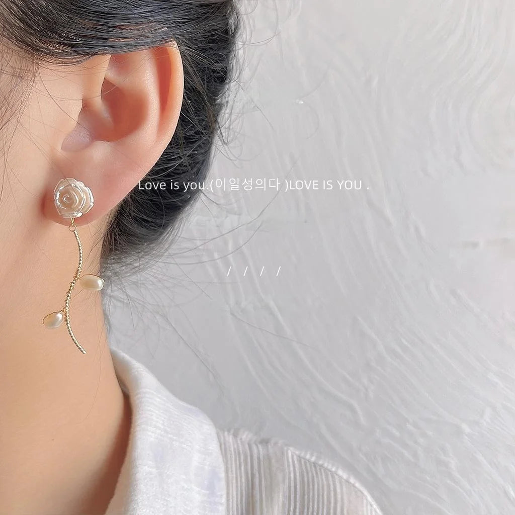 Sweet Floral Freshwater Pearl 14K Plated Copper Tassel Stud Earrings For Women