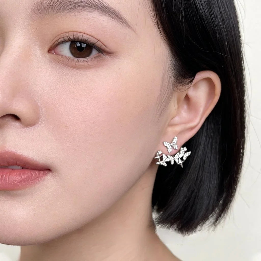 French Vintage Micro Pave Zircon Butterfly Drop Earrings Copper Convertible Elegant Jewelry