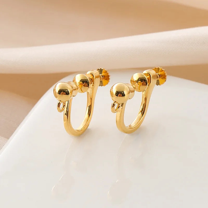 Elegant Gold Alloy Round Bead Hoop Screw Back Stud & Clip On No Piercing DIY Jewelry Making Earrings