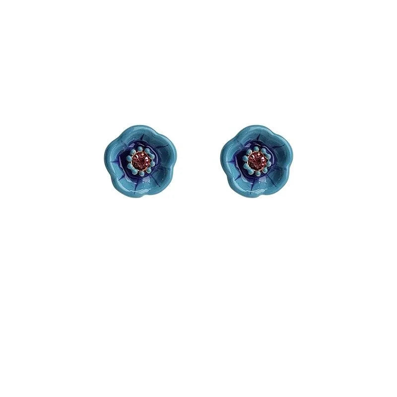 14K Gold Plated Blue Enamel Flower Stud Earrings Forest Style Metal Jewelry