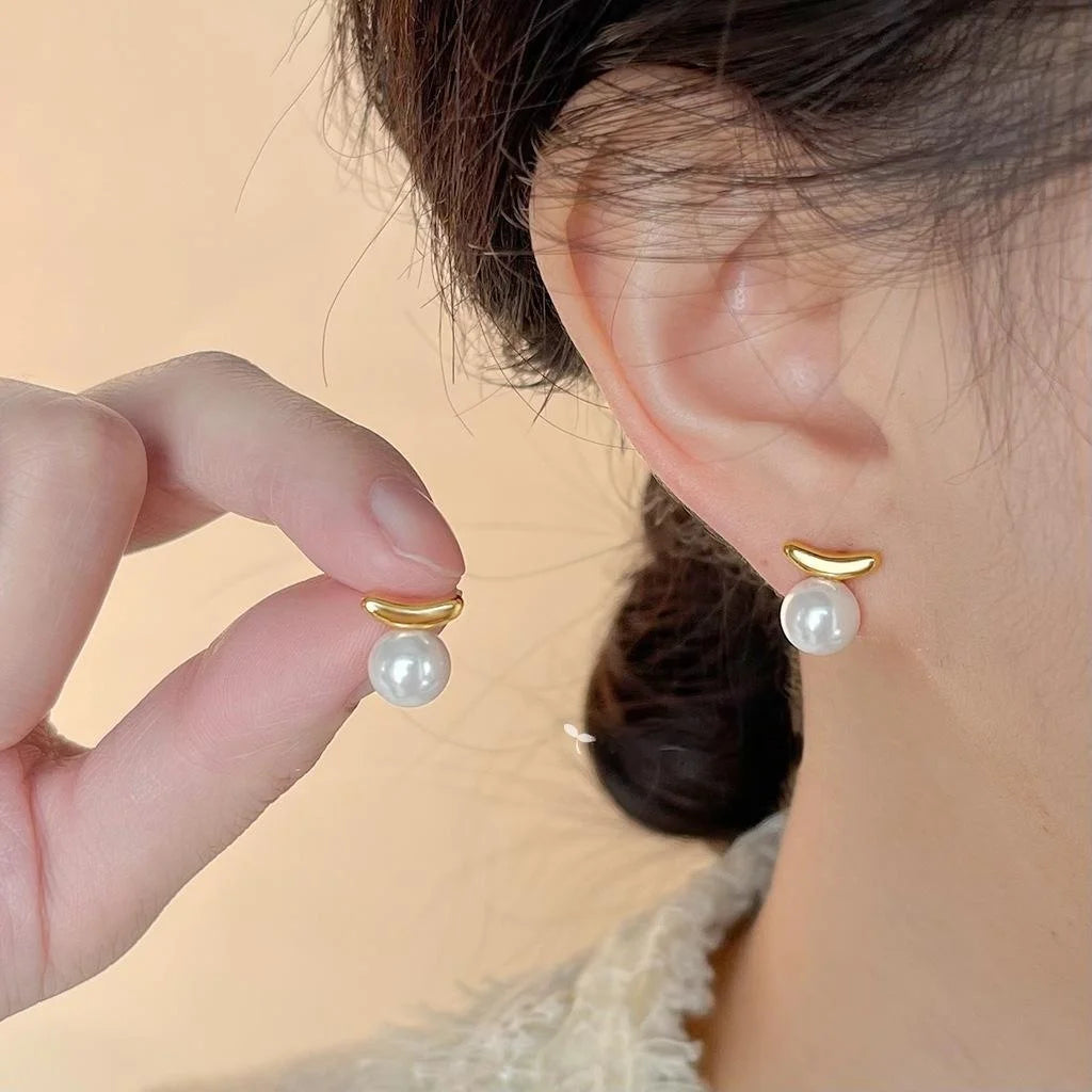 14K Gold Plated Copper Glass Pearl Geometric Balance Bar Stud Earrings Minimalist Designer Jewelry