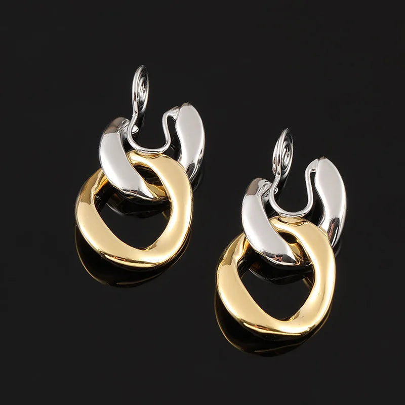 Elegant Two Tone Alloy Chain Hoop Stud & Clip On No Piercing French Style Interlocking Circle Earrings