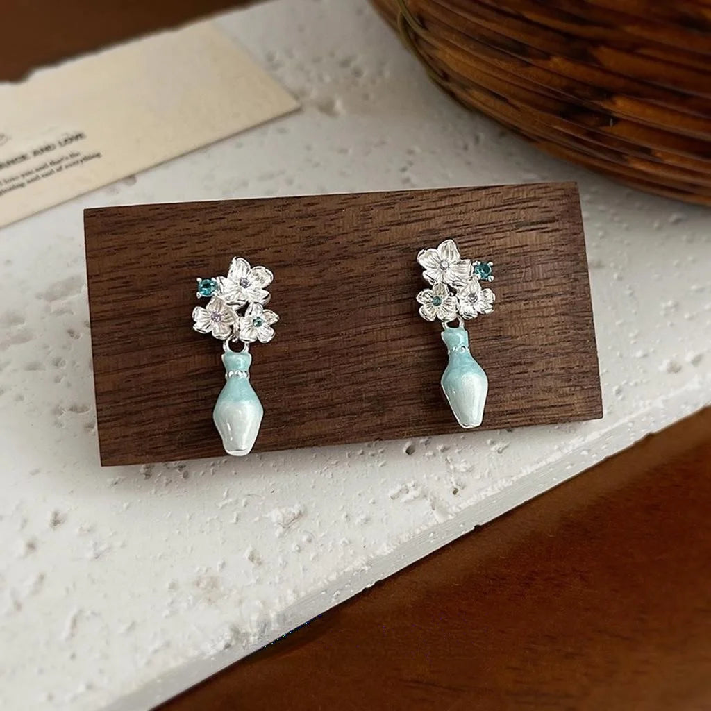 Elegant Gradient Drip Glaze Enamel Vase Flower Drop Earrings Silver Plated Copper Cool Tone