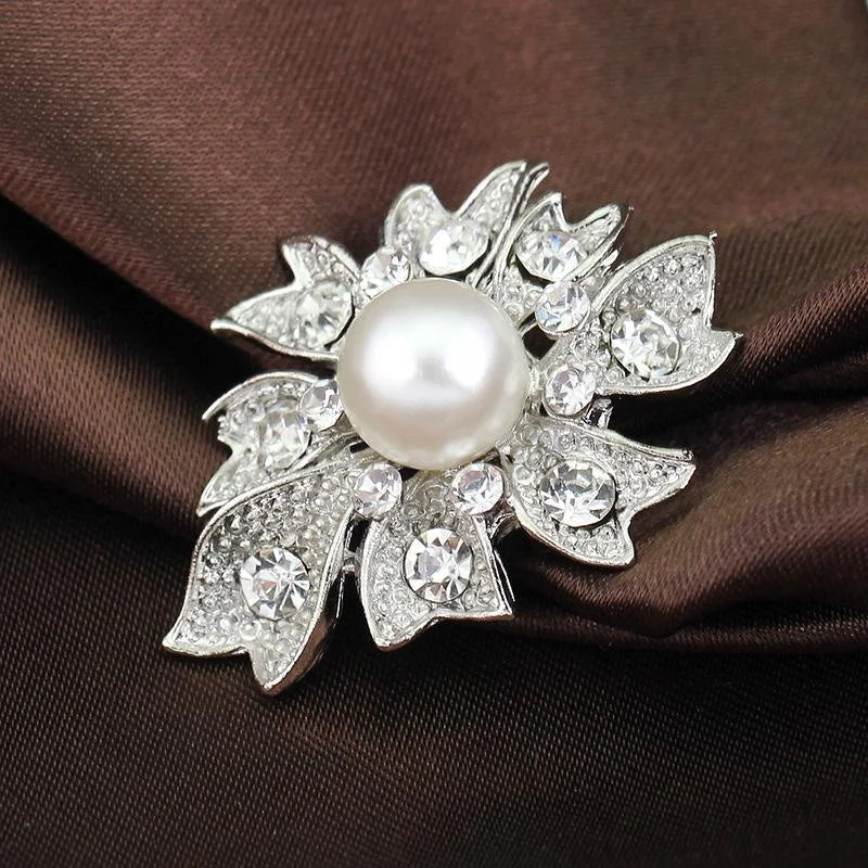 Elegant Silver Alloy Flower Brooch With Faux Pearl And Rhinestone Leaves, Korean Style Lapel Pin Gift