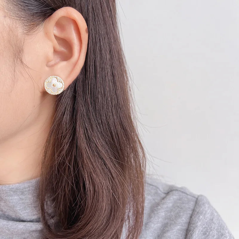 Luxury Asymmetric Mother Of Pearl Clover Round Diamond Shape Rhinestone Stud & Clip On No Piercing Earrings