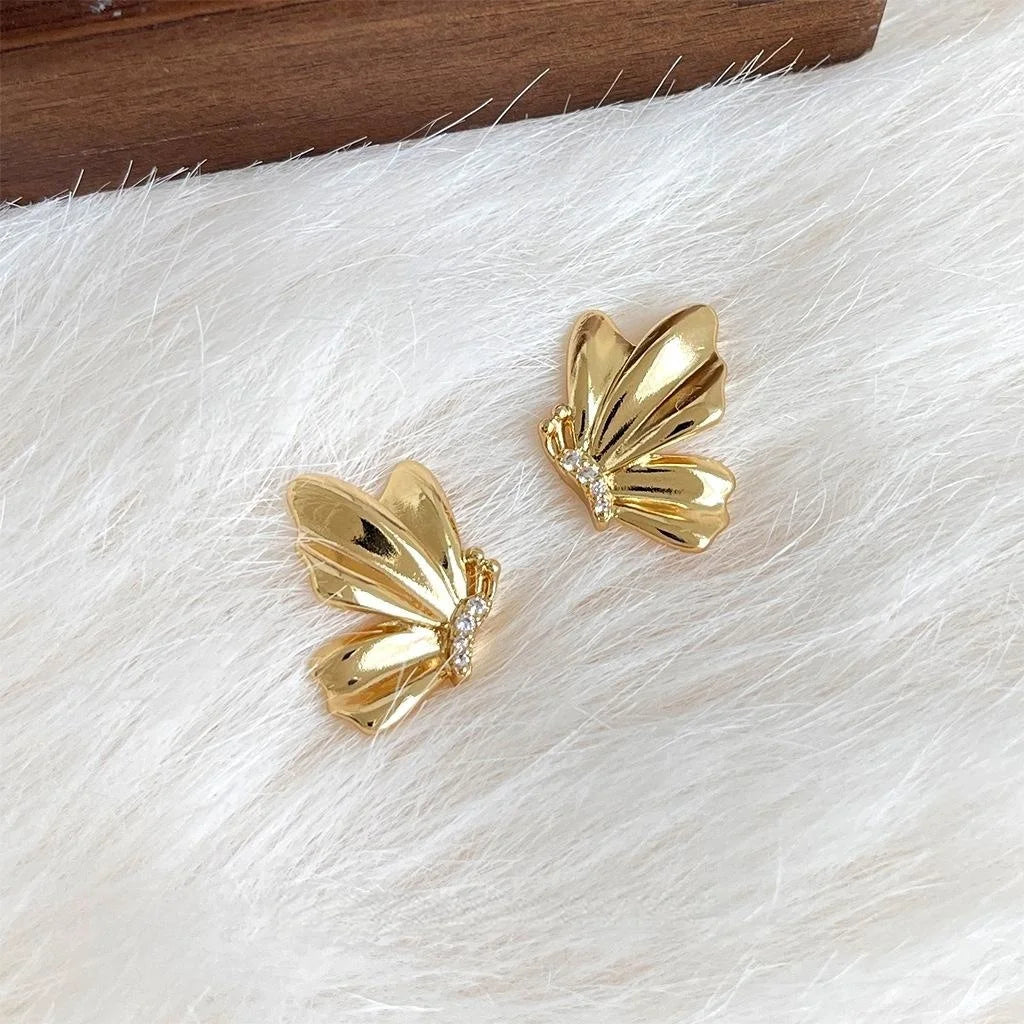 14K Gold Plated Copper Butterfly Stud Earrings, Minimalist Luxury Designer Commuter Jewelry