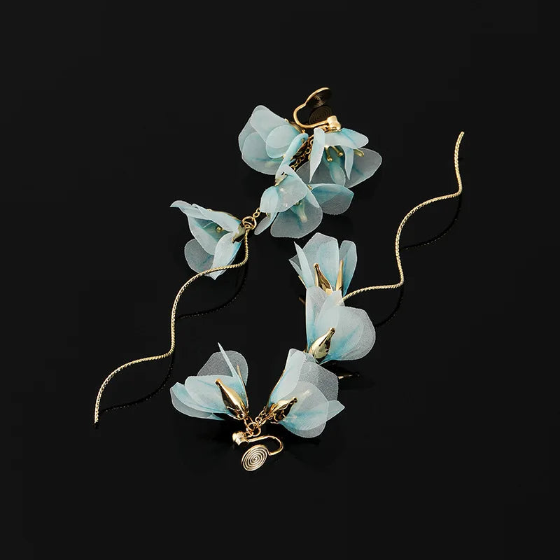 Elegant Light Blue Fabric Flower Alloy Chain Tassel Stud & Clip On No Piercing Vacation Drop Earrings