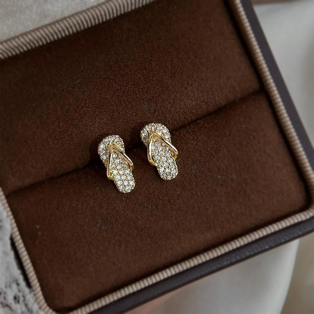 14K Plated Eco Copper Geometric Slipper Stud Earrings With Micro Pave Zircon For Women