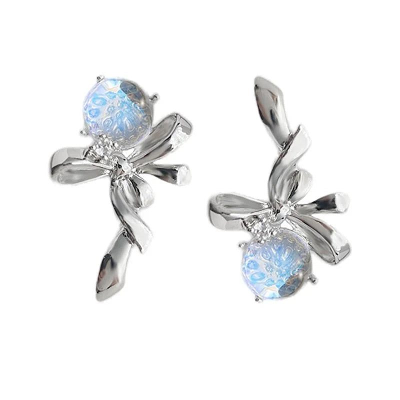 Sweet Cool Asymmetric Bow Liquid Rose Stud Earrings Copper Zircon Glass Floral Jewelry