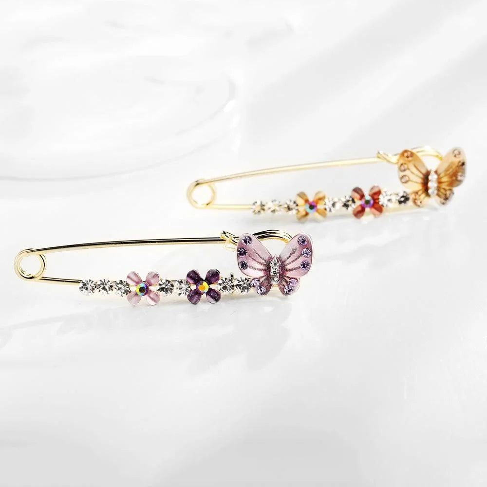 Elegant Alloy Safety Pin Brooch With Enamel Butterfly Flowers And Rhinestones, Shawl Scarf Lapel Pin Gift