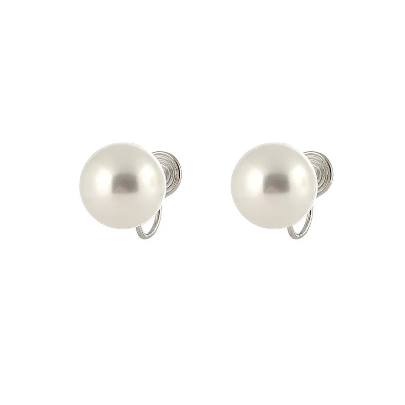Elegant 14mm White Pearl Ball Stud & Clip On No Piercing Large Round Luxury Women's Fashion Earrings
